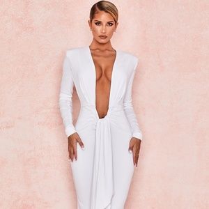HOUSE OF CB JULIETTE WHITE JERSEY PLUNGE NECK MIDI DRESS
